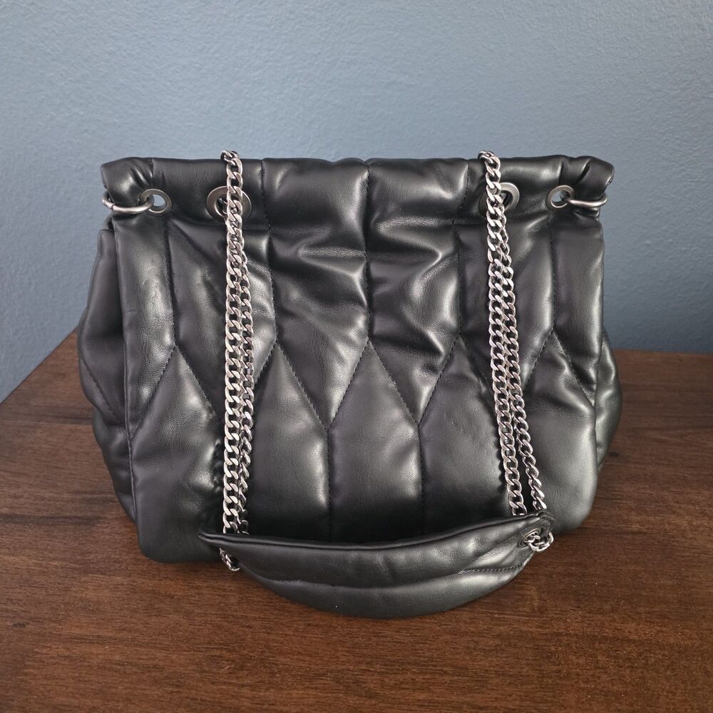 Zara Quilted Handbag Shoulder Bag Thick Gunmetal Tone Chain Fold over Flap Black